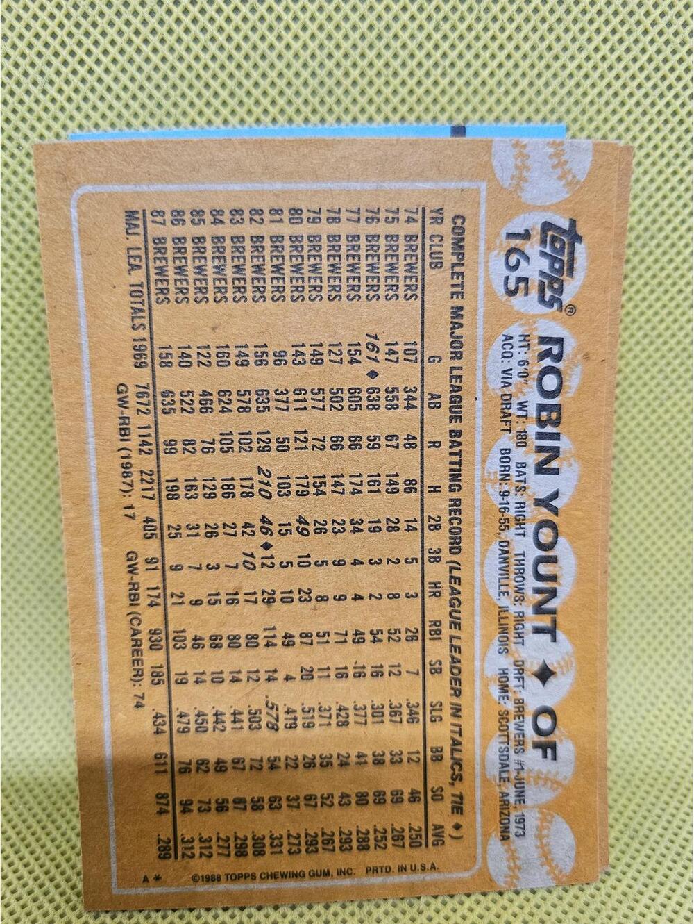 Robin Yount - HOF - 1988 Topps #165 - Brewers - RAW Mint - Picture 2 of 2